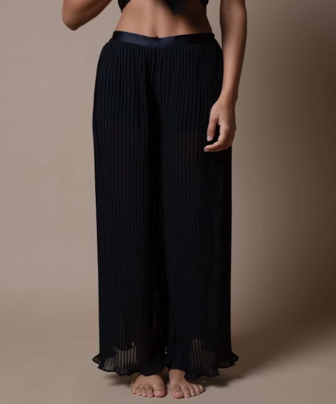 pantalone plissettato in seta color nero